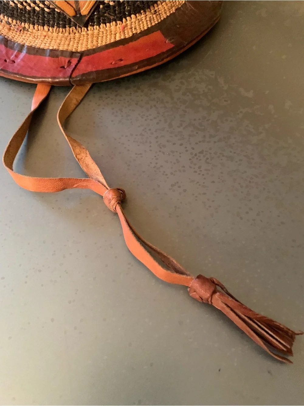 VINTAGE Fulani Hat from West Africa, HANDMADE Conical fiber straw leather trim.